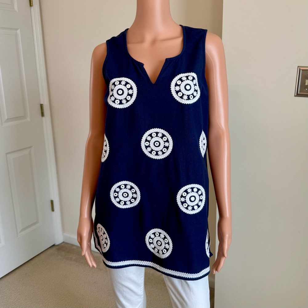 100% Cotton Embroidered Mirror Sleeveless Tunic Preppy Hamptons Summer Nautical